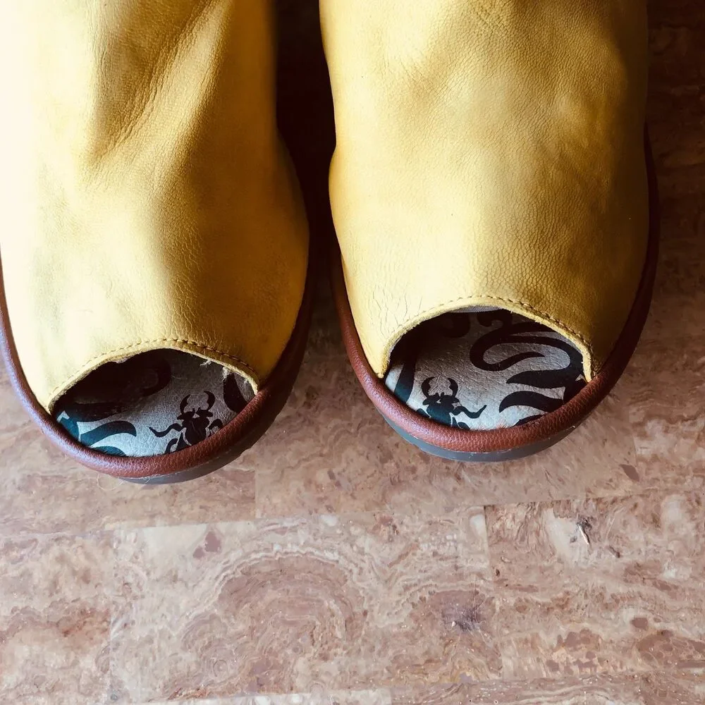 Fly London Wena Yellow Open-Toe Leather Size 11-11.5 W Heel Repair See Pic